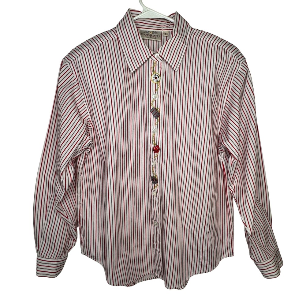 Susan Bristol Red White Gray Stripe Button Up Shirt Womens 6P Holiday Embroidery